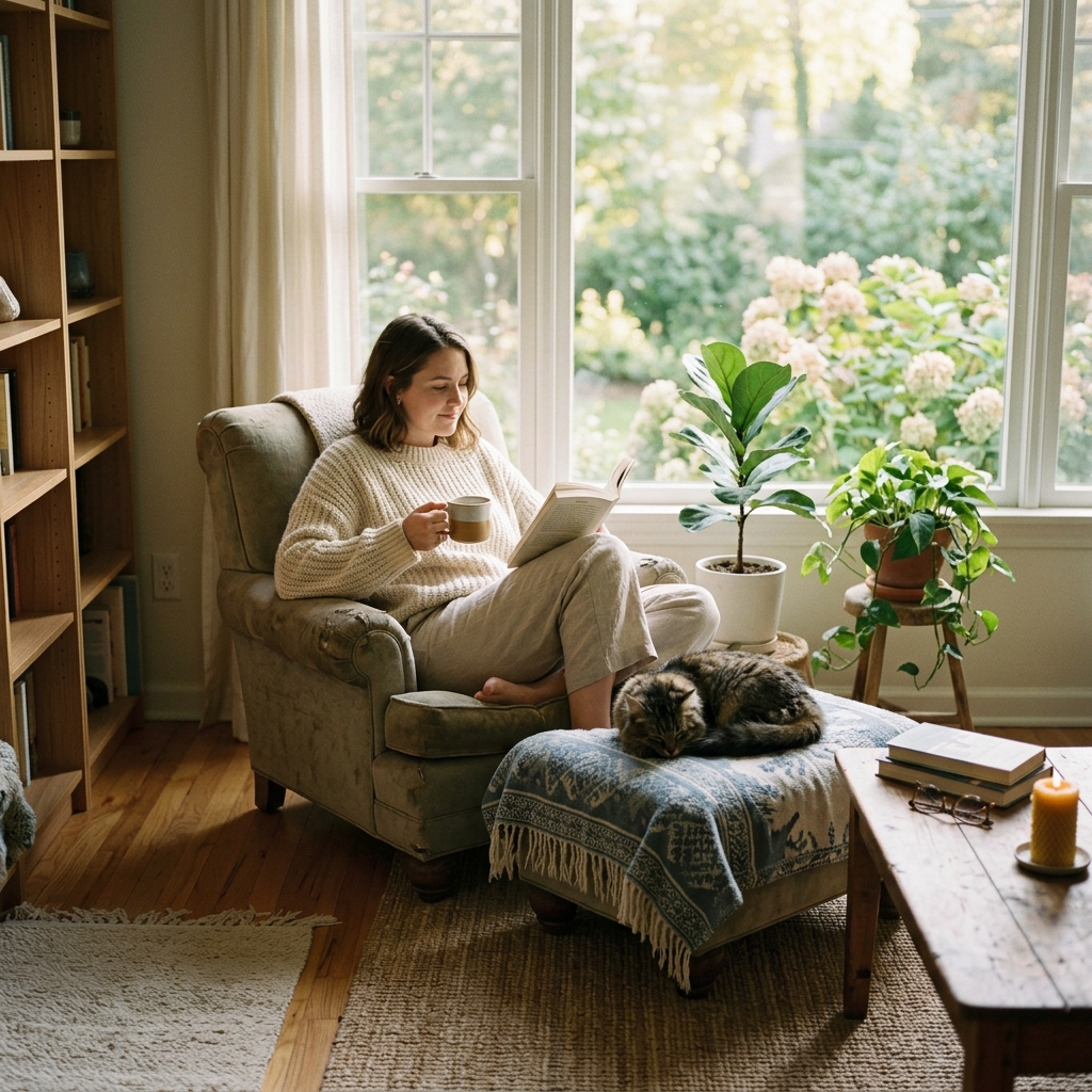 Woman reading a book while holding a mug, seated in an armchair with a dog sleeping on an ottoman nearby.